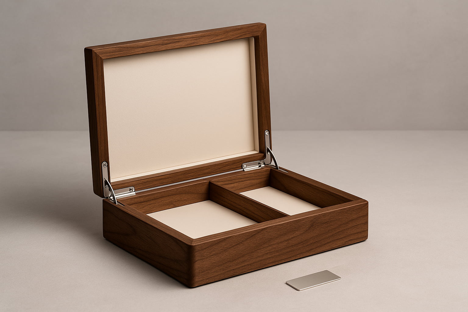 Closed walnut SYLA box, 200×380×60, thin 18k gold inlay line on lid; positioned left with ample negative space on right; white-to-warm-gray background