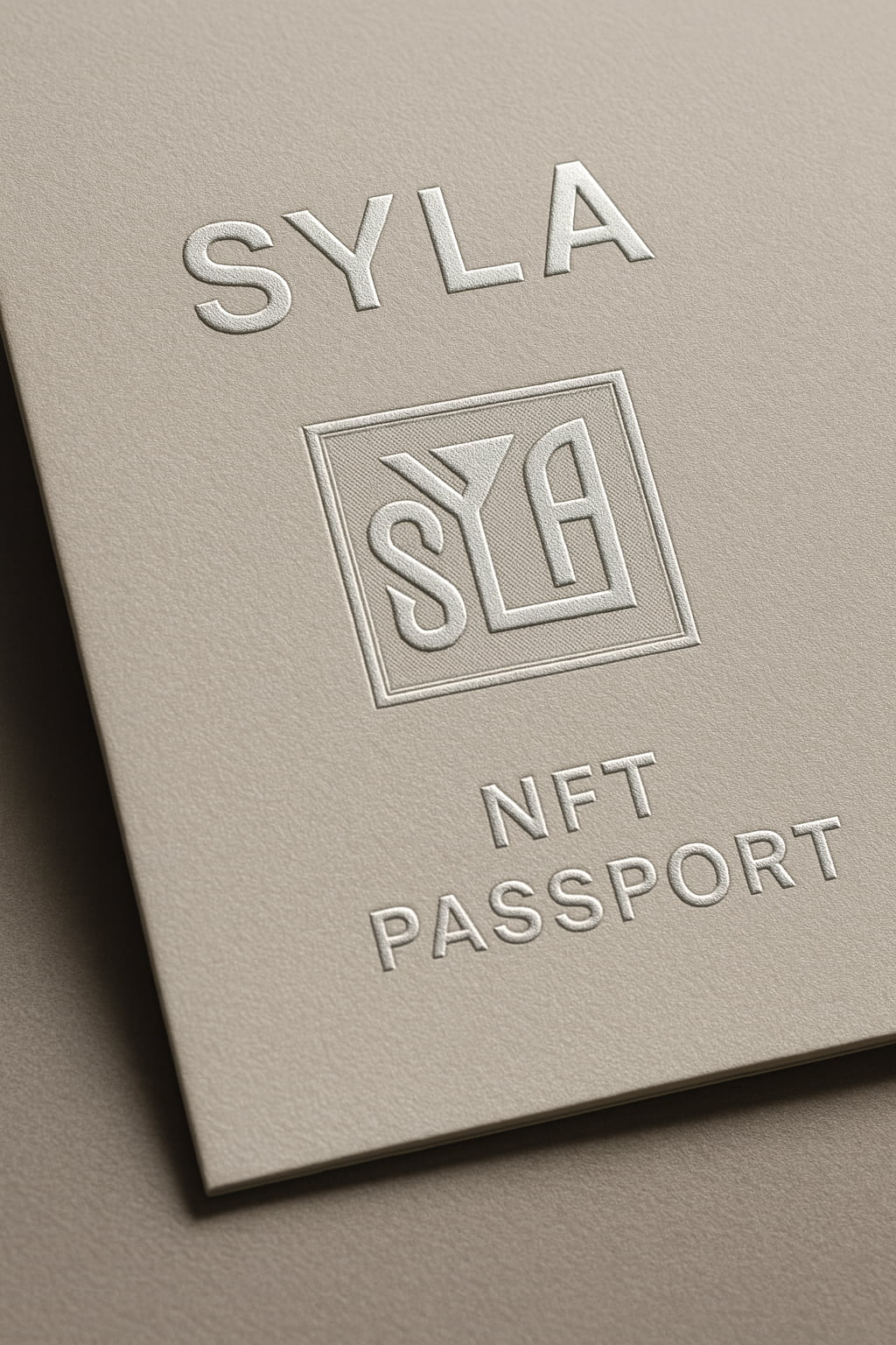 Smartphone scanning a SYLA authenticity certificate with rhodium-foil emblem — NFT digital passport concept.